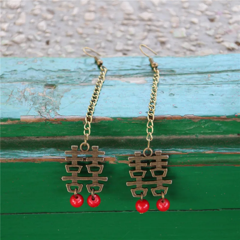 

Chinese Style Double Happiness Earrings Alloy Bronze Chinese Characters Jewelry Hi Character Wedding Bride Wearing Wife