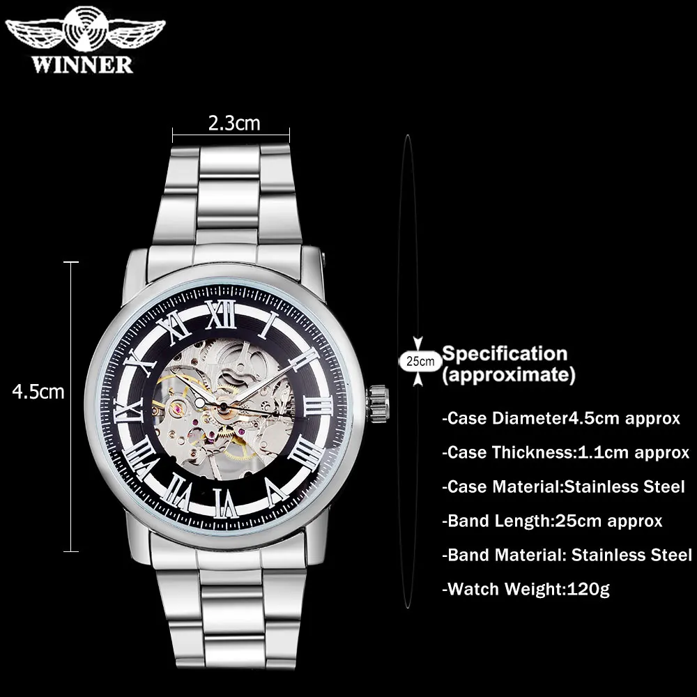 الفائز الأزياء الأعمال الرجال الميكانيكية الساعات العلامة التجارية الفاخرة الرجال الهيكل العظمي سوار الصلب الفرقة الساعات الذكور الفضة حا...