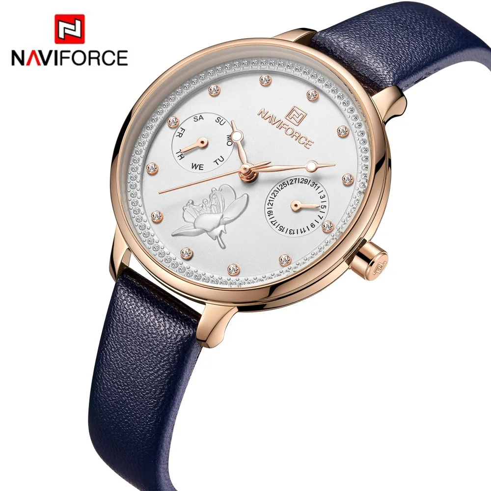 NAVIFORCE новые женские часы модные синие Кварцевые женские кожаные часы для часов с датой недели повседневные водонепроницаемые наручные часы подарок для девочки