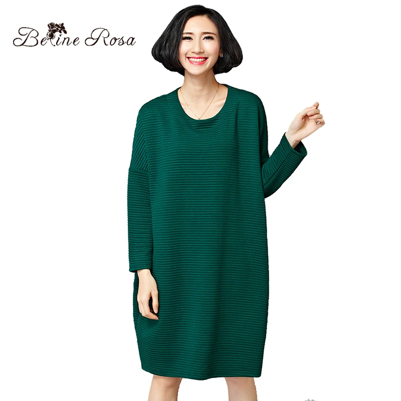 

BelineRosa Women Casual Dress Winter England Style Striped Veined Pure Color Plus Size Dress Fit 50~80 KG Weight HS000391