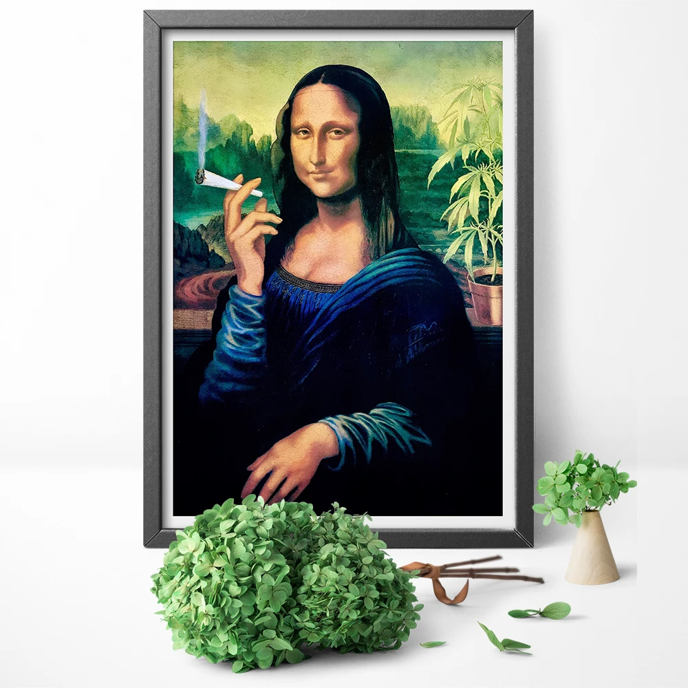 面白いアートモナリザ 喫煙ジョイントキャンバス絵画アートプリント壁ポスター家の装飾画像印刷なしフレーム Painting Calligraphy Aliexpress