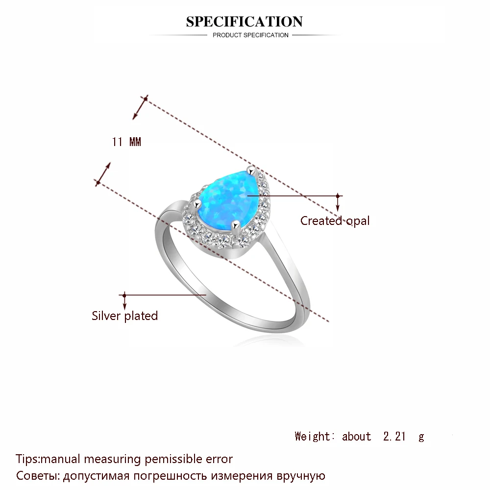 Капля воды из синего, розового цвета огненный опал Серебро штампованные Модные украшения ко дню рождения кольца с настоящими Австрийскими кристаллами Размер США с увеличенной полнотой#6,5#7,5#7,75#6,75#6#8,5 OR394