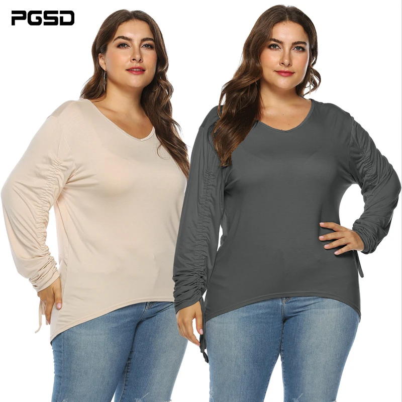 

PGSD New Simple Solid Fashion big size Women Clothes Autumn winter V-collar adjustable long sleeve O-Neck T-shirt female Top Tee