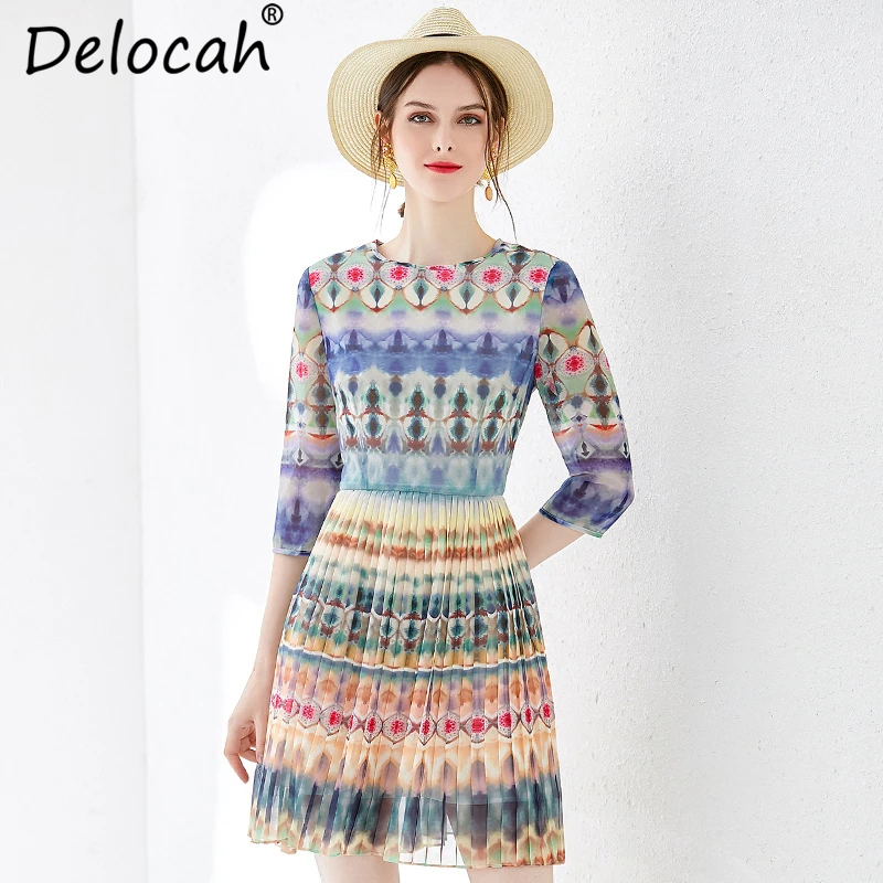 

Delocah 2019 Women Spring Summer Dress Runway Fashion Pleated Floral Printed Silk Elegant Ladies Collect Waist Vintage Dresses