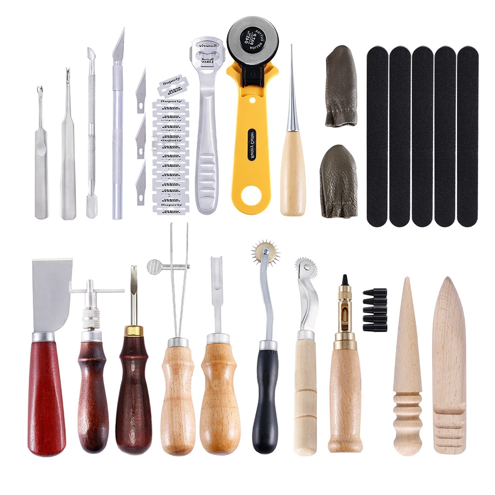 Leather Craft Sewing Kit DIY Hand Stitching Carving Punch Work Tool Handle Diamond Tools | Дом и сад