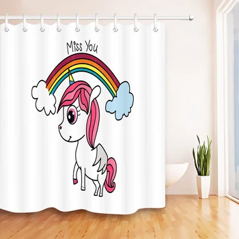 

LB Funny Kids Unicorn with Rainbow on White Shower Curtains Bathroom Extra Long Waterproof Polyester Fabric For Bathtub Decor