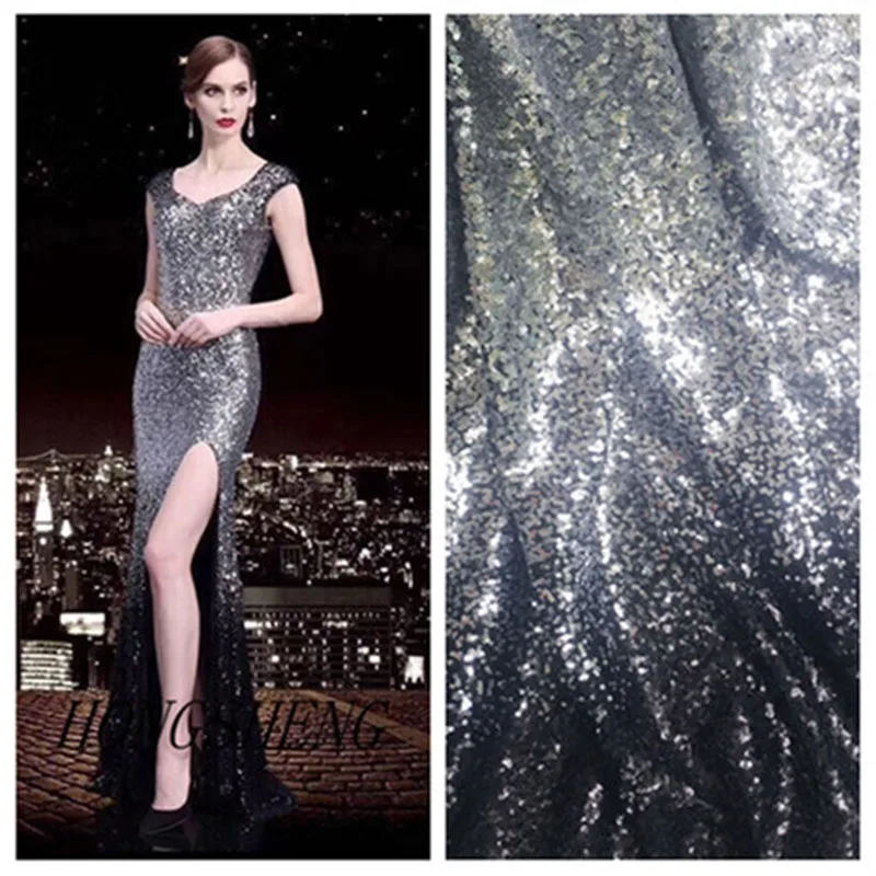 

Wide 135cm Black Silver Gradient Shining Sequins Mesh fabric Net Fabric DIY Sewing Wedding Dress Performance Skirt