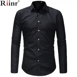 Riinr Для мужчин модные Повседневное Длинные рукава одноцветное Цветная рубашка Slim Fit мужской социальной платье в деловом стиле брендовые