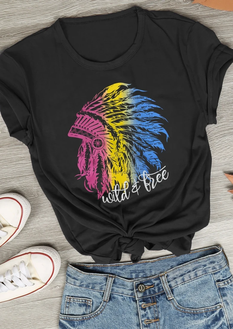 

Women Graphic T-Shirt Wild Free Indian Headdress Print Femme Short Sleeve tShirt Ladies Harajuku Ulzzang Korean Top Tee Big Size