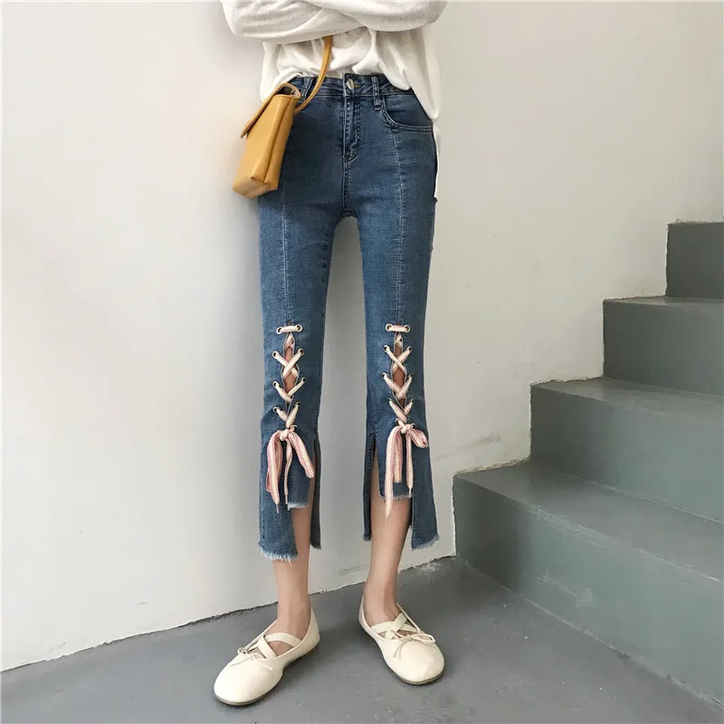 Весна и Лето Корейская версия веревки с высокой талией тонкие джинсы женские Новые прямые брюки нерегулярные красные брюки