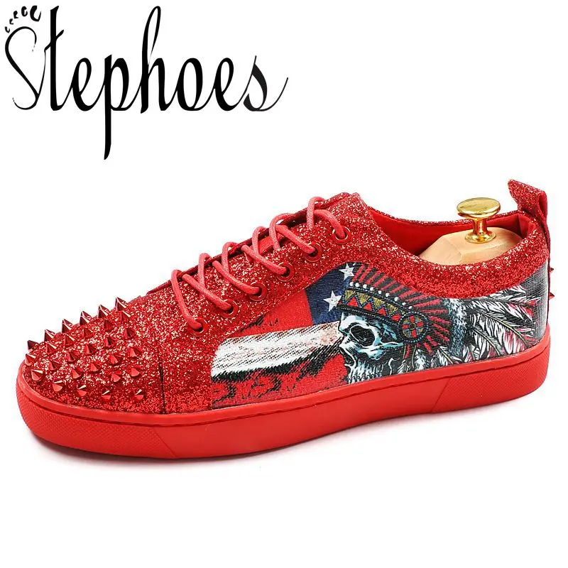 Stephoes Rivets 2018 Robe Graffiti D'été Mocassins De Parti Dropshipping Punk Chaussures Casual Noir Luxe Homme Hommes rouge rF1xwqtr