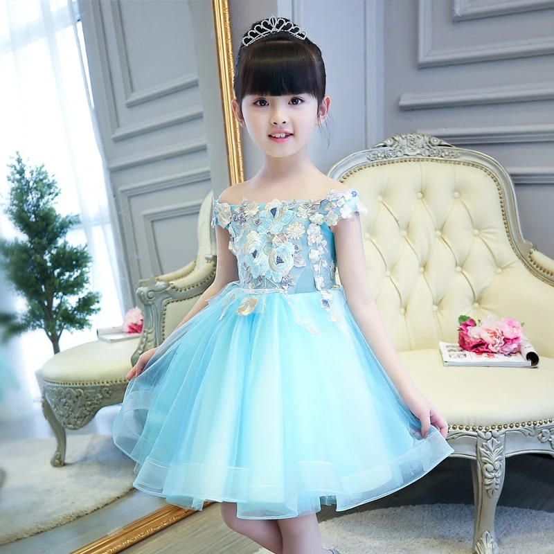 

2017High Quality Elegant Blue Embroidery Flower Children Girl Dresses for Wedding Kids Ball Gown Evening Birthday Dress 1-15Year