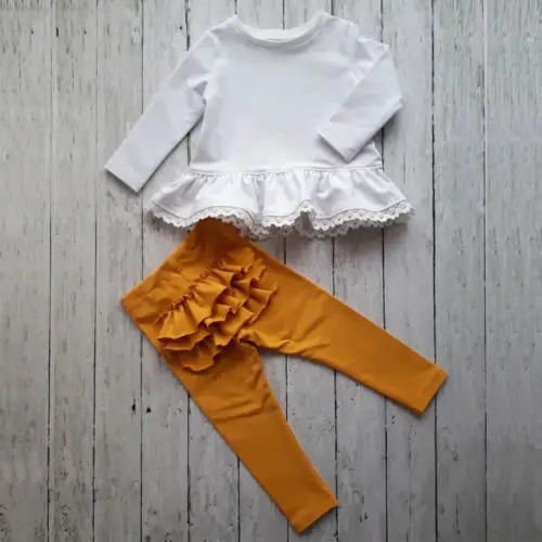 

2018 Casual Kids Baby Girls Clothes Autumn Cotton Sets Girl Lace Ruffle Tops Dress Solid Pants Leggings 2Pcs Girl Outfits 1-6Y