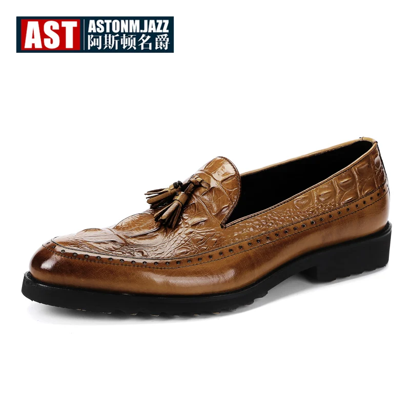 Big Discount  Mens Genuine Leather Tassel Alligato Oxfords Square Heel Wedding Shoes Business Man Crocodile Print 