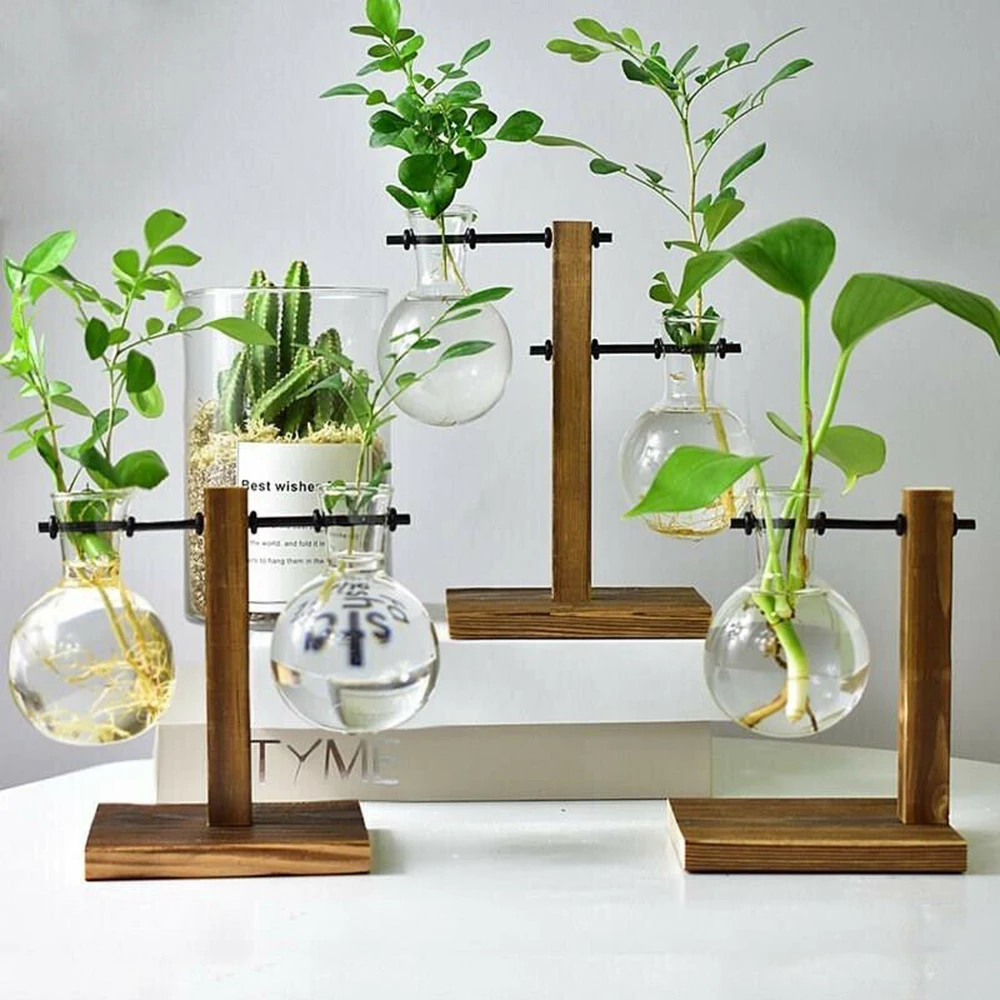 

Home Decor Wooden Frame Flower Pot Glass Hydroponic Container Table Desktop Transparent Glass Bulb Small Vase Home Garden