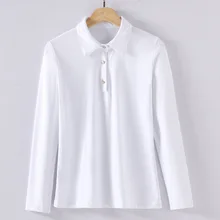 Корейский стиль новинка Весна Женская Высокая мода тонкий отложной воротник Твердые хлопковые футболки Топы женские белые футболки оптом