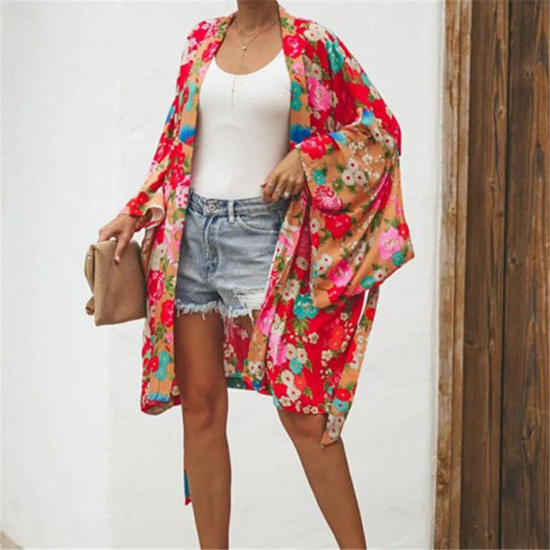 

Fashion Women's Vintage Boho Long Cardigan Jacket With Sashes 2018 New Ladies Red Flower Floral Printed Coat Open Cape Outwear