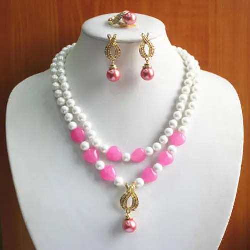 

Prett Lovely Women's Wedding w Charming 2Rows White Pearl&Pink Heart gem Necklace Earring Ring Jewelry Set silver jewelry