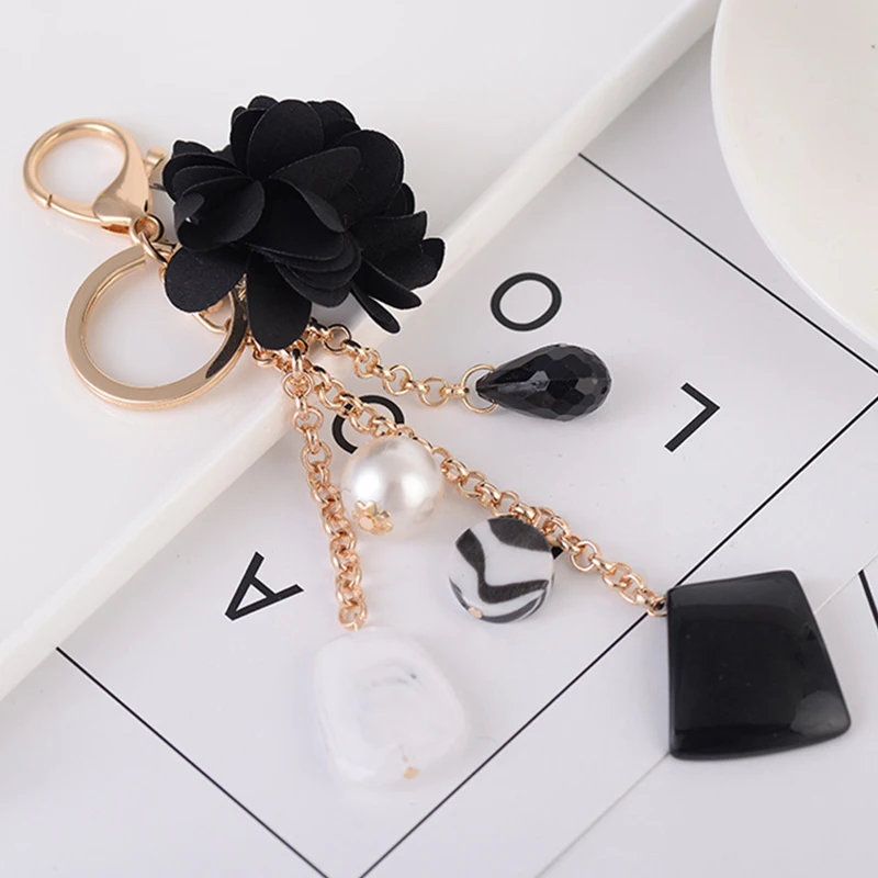 

New Fashion Black Lace Flower Keychain Chain Tassel Pearl Key Chains Car Keyring Women Purse Bag Charms Pendant Porte Clef Gift