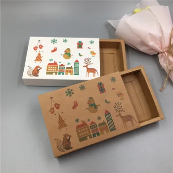 

30Pcs/Lot Lively Kraft Paper Pull Push Drawer Paper Card Box Print With Happy Birthday Christmas Family Animal Plants Box Carton