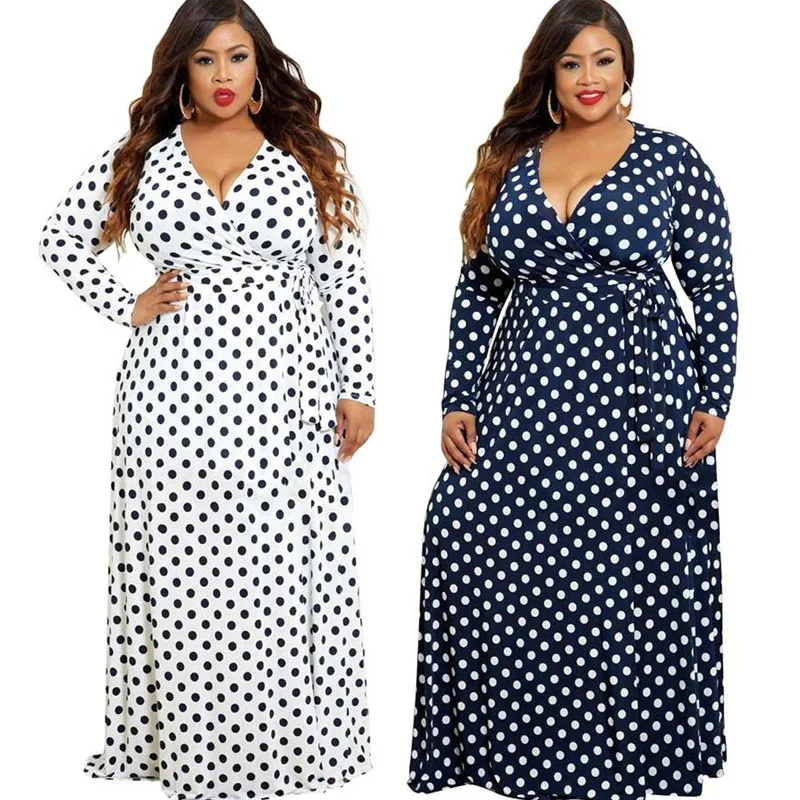 

Plus Size US 12~20W 2019 Spring Indie Folk Abaya African 3D Digital Print Polka Dot Women Maxi Dress Bandage Bodycon Dresses