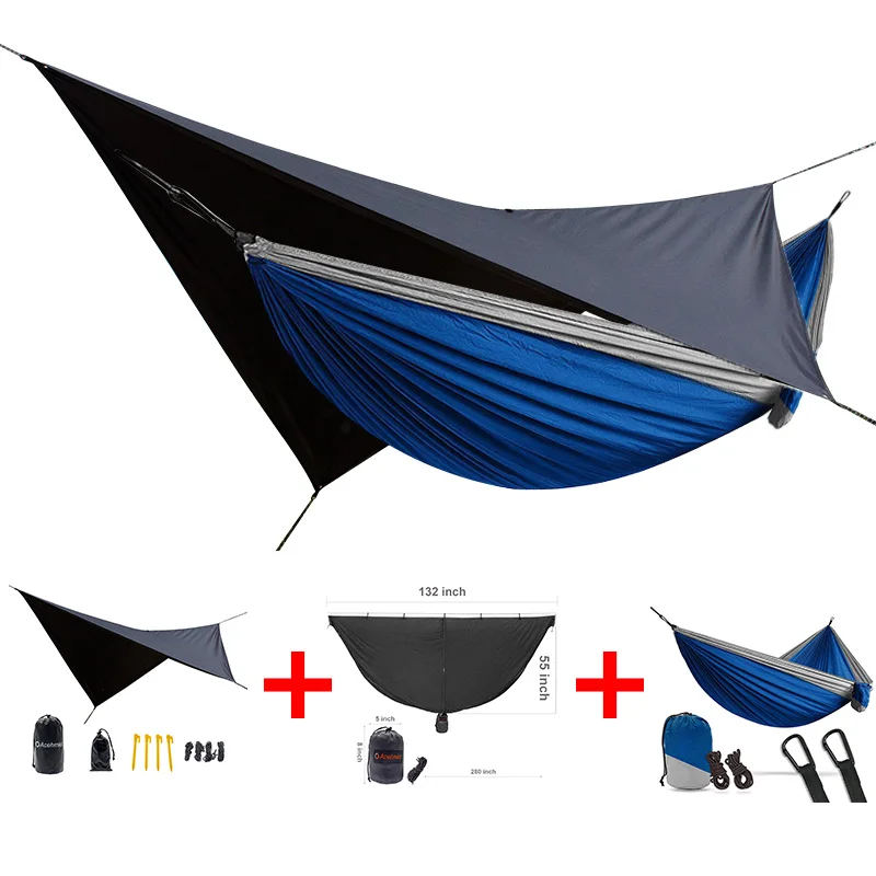 

ACEHMKS portable double 2 person hammock easy to set mosquito net waterproof rain tarp can be used as a mat 3 in one packet