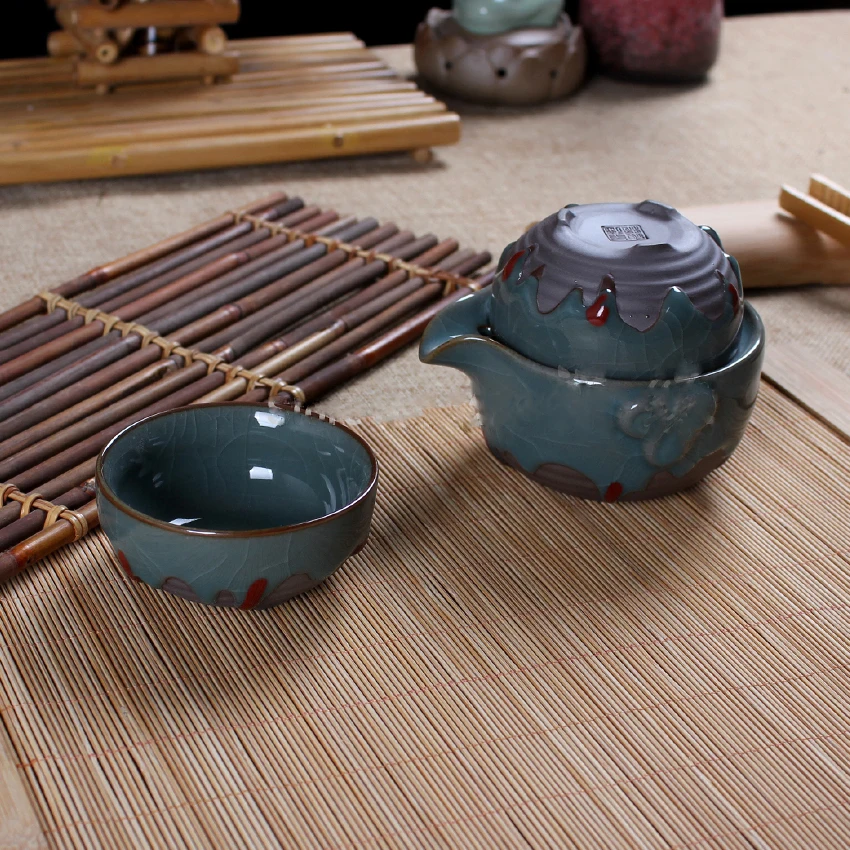 

Kung Fu tea pot with two cups of Ge Kiln flow enamel tea set a pot and 2 cups puer teapot Retro crackle Quik cup on sale