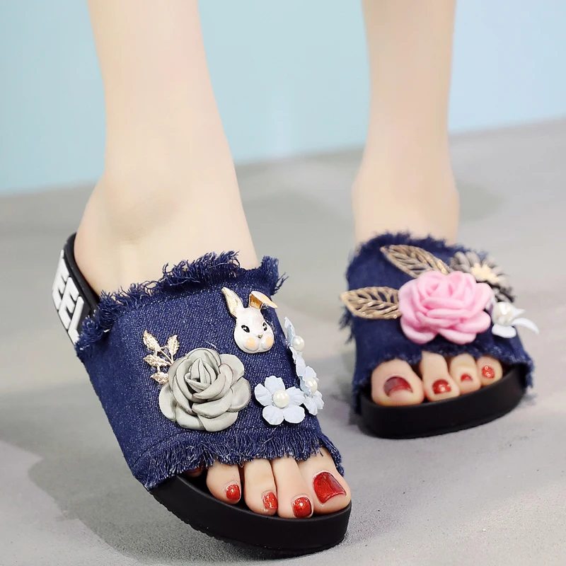 

2018 Women Slippers Cartoon Rabbit Summer Outside Canvas Slippers Slides Open Toe Flat Shoes Slides