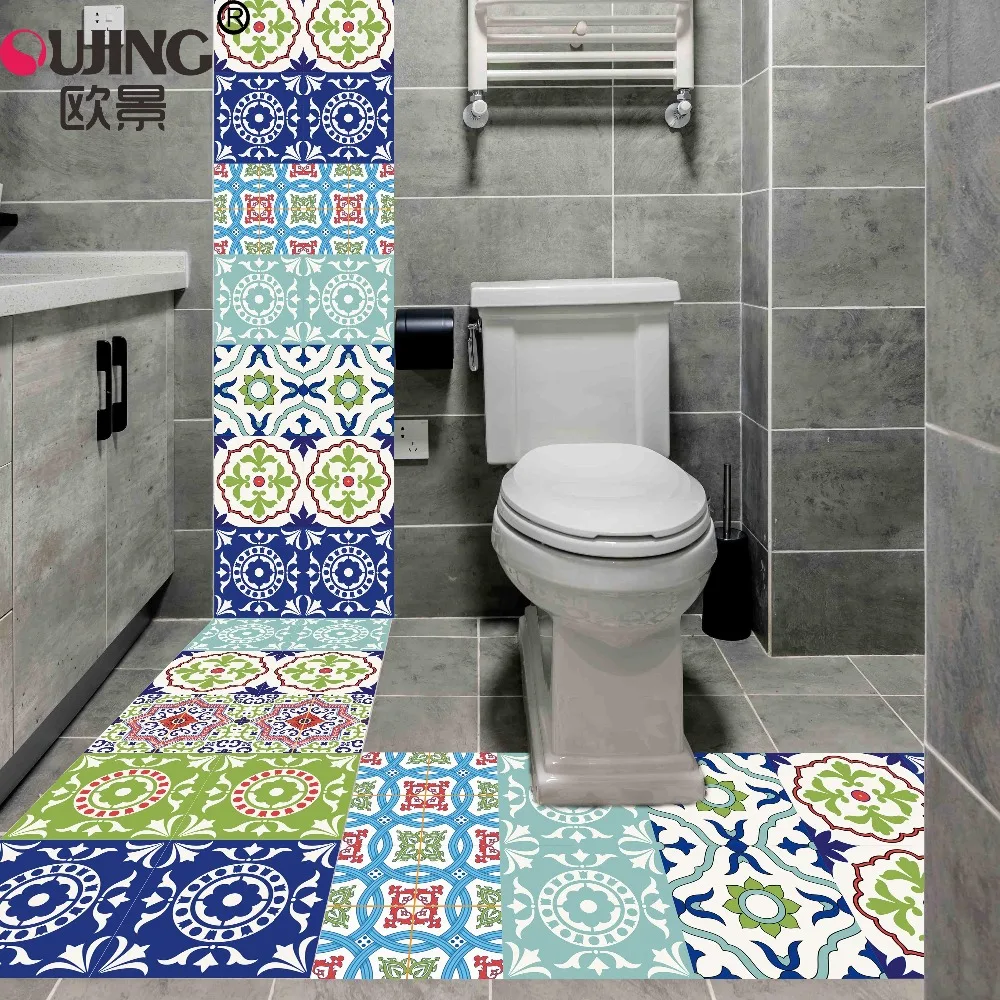 New Colorful Retro Tiles Wall Sticker Kitchen Bathroom Tile Waist Line Wallpaper PVC Floor Waterproof Baseboard Art Mural Poster | Дом и сад