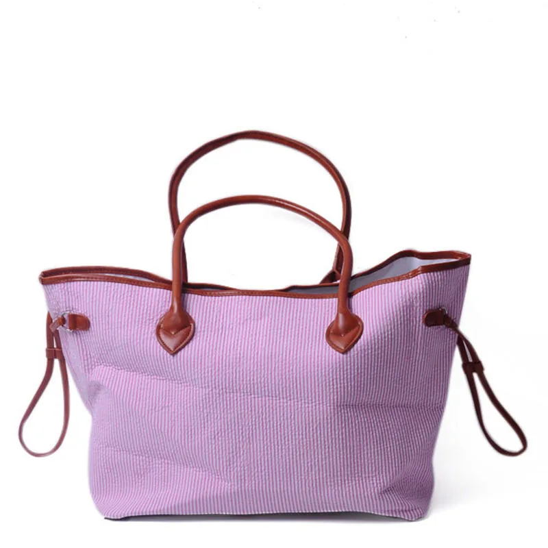 

Striped Seersucker Tote Wholesale Blanks Stripe Handbag Patchwork Faux Leather Purse Wedding Gift Bag Free Shipping DOM106430