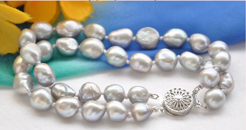 

Wedding Woman Gift 9x12mm 2 Rows Gray Natural Freshwater Pearl Bracelet Baroque Pearl Flower Clasp Handmade Woman Jewelry