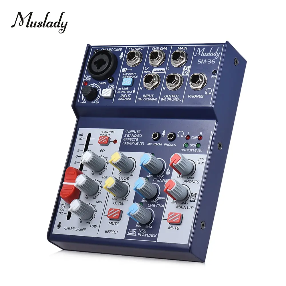 

Muslady SM-36 Compact Size 4-Channel Sound Card Mixing Console Digital Audio Mixer Supports 5V Power Bank USB Power Supply