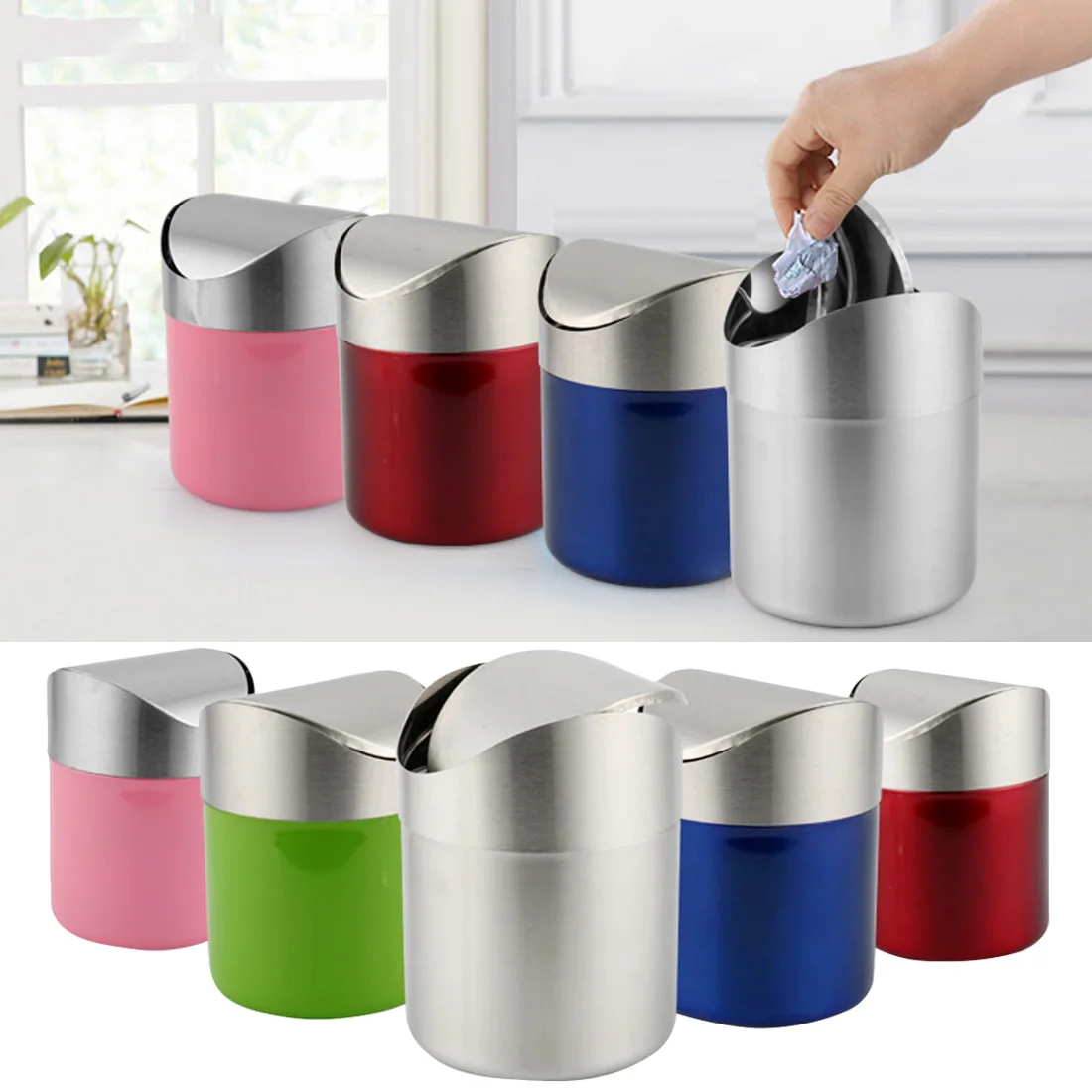

Stainless Steel 1.5 L Mini Table Car Dust Trash Bin Countertop Waste Can With Swing Lid Kitchen Worktop Waste Rubbish Trash Can