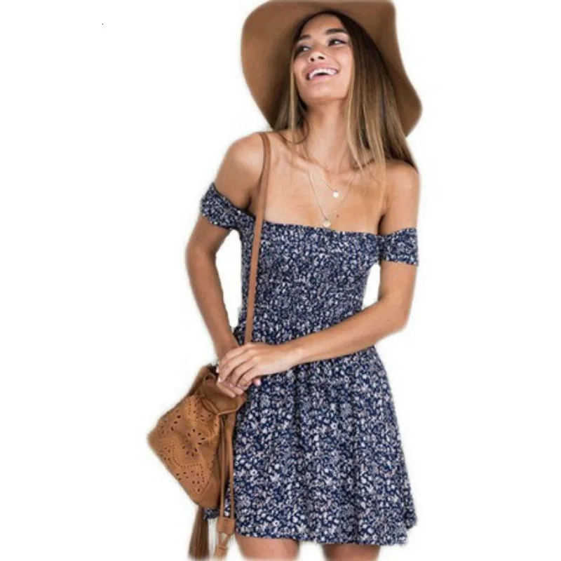 

Women Print Floral Mini Dress Sexy Slash Neck Casual Beach Fashion Dresses Off Shoulder Summer 2018 New Short Sleeve Party Dress