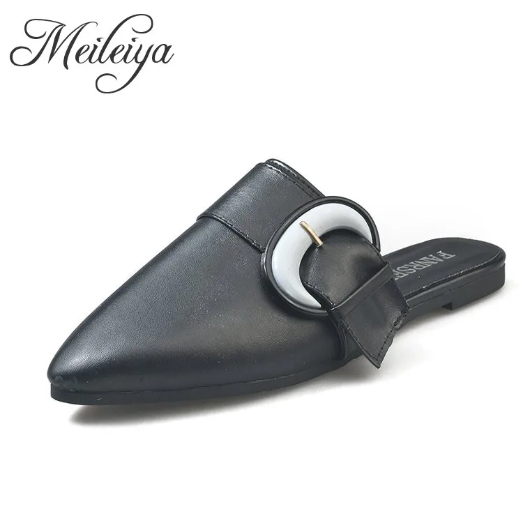

Ladies Designer Slippers 2019 Fashion Mules Shoes for Women Pointed Toe Buckle Decoration Slip on Flats Female Chaussure