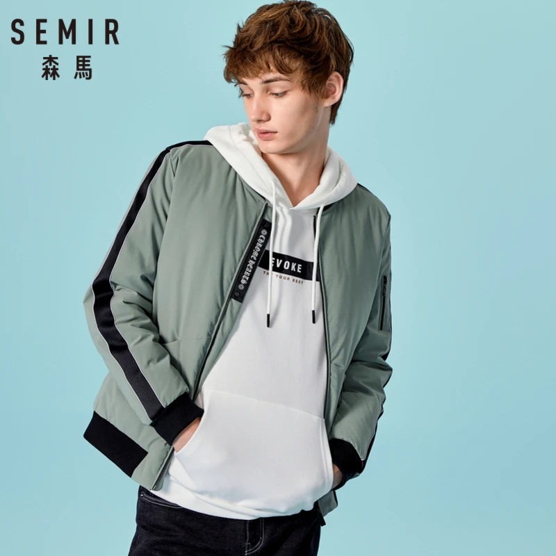 

SEMIR Men Side Striped Sleeved Down Jacket with Baseball Collar Men Outdoor Jacket with Full-Zip with Side Pocket for Winter