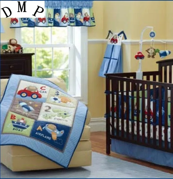 

Promotion! 7pcs Embroidery Baby crib bedding set 100% cotton curtain crib bumper ,include (bumpers+duvet+bed cover+bed skirt)