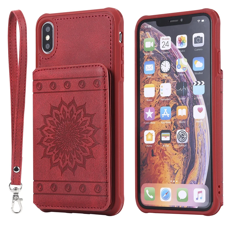 Ретро Флип Бумажник кожаный чехол для телефона для iPhone X XR XS Max тиснение подсолнух цветок Стенд чехол для iPhone 6 6s 7 8 Plus 5S SE чехол - Цвет: Красный