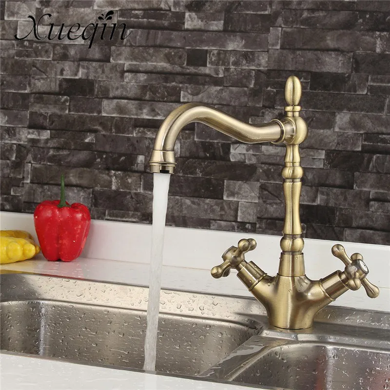 

Xueqin Antique Bronze Copper Bathroom Kitchen Basin Sink Water Faucet Tap Double Handle Swivel Spout Mixer Taps