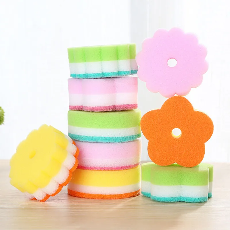 Sponges Scouring Pads 5pcs Flower Shape Sponge Brush Tableware Glass Wash Dishes Sponge Kitchen Home Cleaning Tool (5)