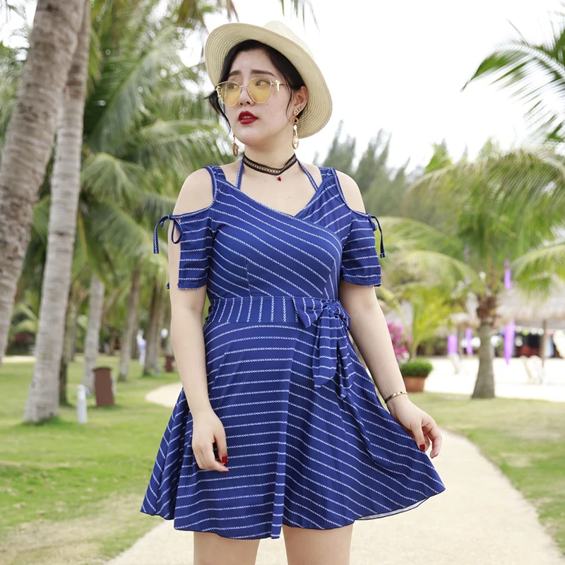 

Women One Piece Striped Swim Dress Off Shoulder Plus Size Swimwear 3XL-7XL Fat Ladies Swimming Skirts Sexy Summer Cover Ups