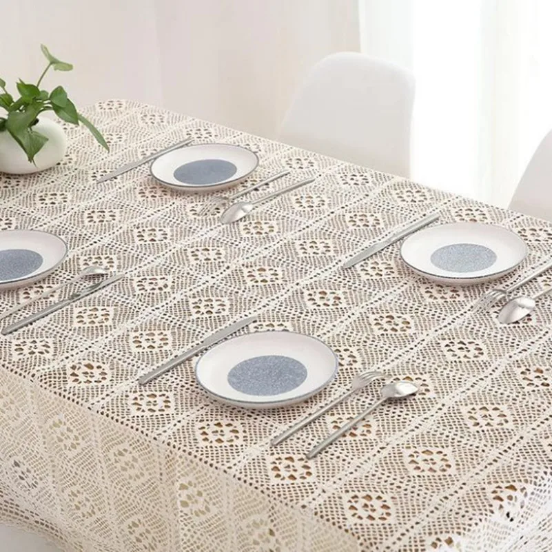 Cotton Knitted Lace tablecloth Shabby Chic Vintage Crocheted Tablecloth Handmade Cotton Lace table topper