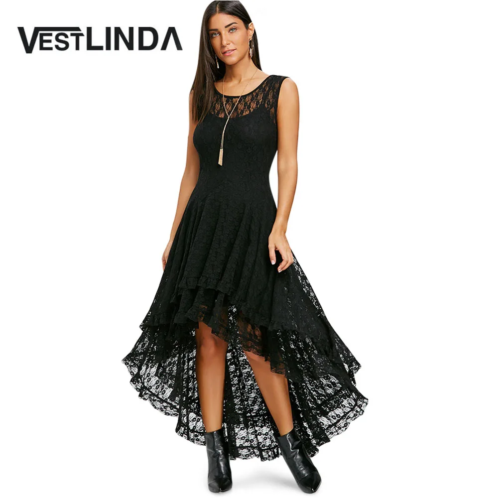 

VESTLINDA Sleeveless Lace High Low Dress Women Summer Round Neck Ankle-Length Lace Dresses Robe Female Ladies Party Vestidos