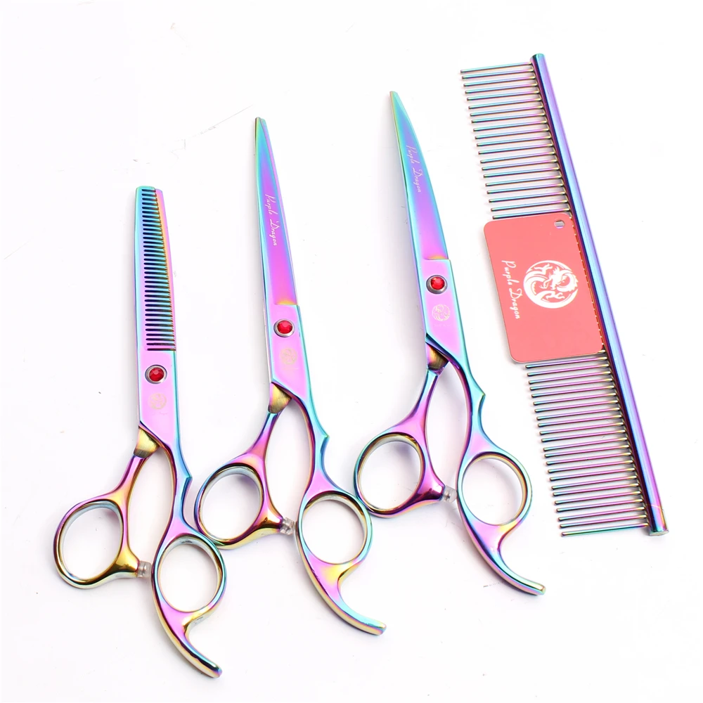 

Z3003 4Pcs 7'' Multicolor Steel Comb + Cutting Shears + Thinning Scissors +Down Bent Shears Professional Pets Hair Scissors Suit