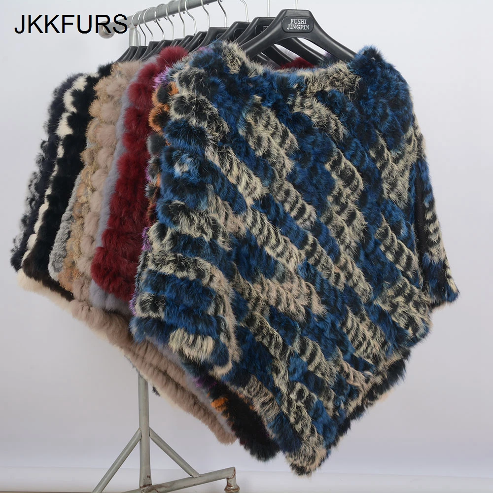 JKKFURS женское пончо с натуральным кроличьим мехом Модная стильная вязаная шаль