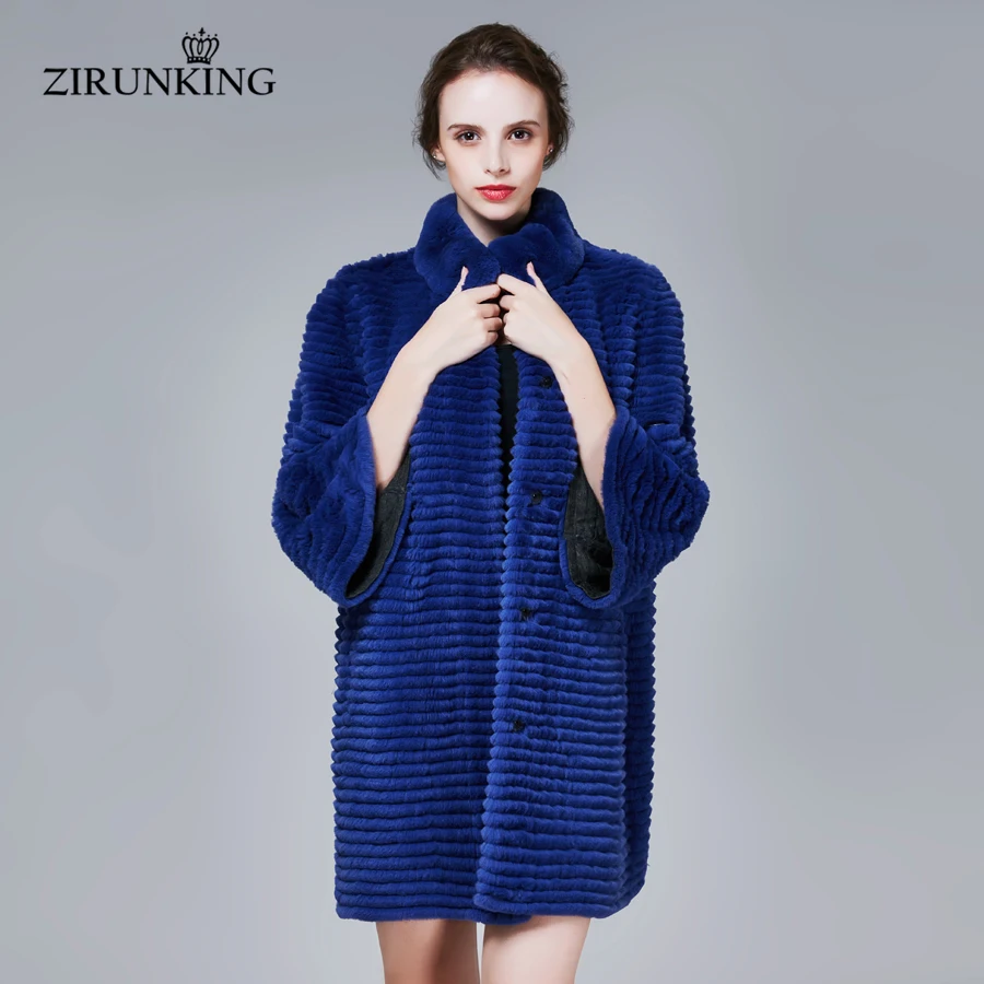 

ZIRUNKING Autumn Winter Real Rex Rabbit Fur Jacket Long Striped Style Natural Fur Coat Women Overcoat ZC1702