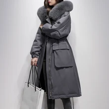 Зимняя женская куртка на 90% белом утином пуху, свободный длинный пуховик, большой воротник из натурального Лисьего меха, верхняя одежда с капюшоном, теплая Толстая парка Y15