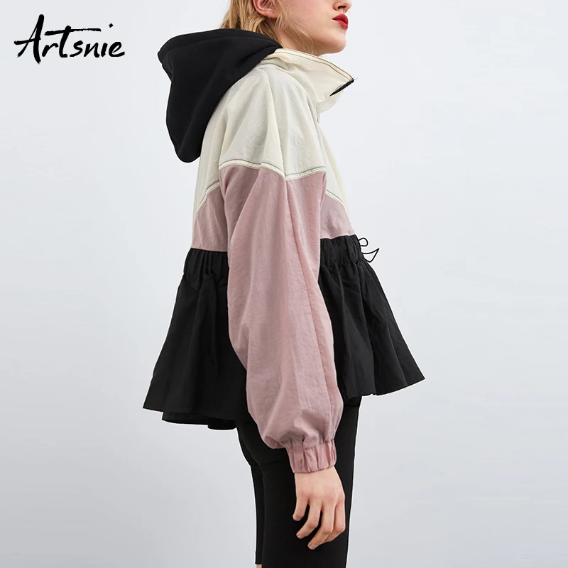 Artsnie الشارع الشهير خليط واقية من الشمس النساء البلوز الربيع 2019 الياقة المدورة طويلة الأكمام فضفاضة المتضخم هوديي بلوزات
