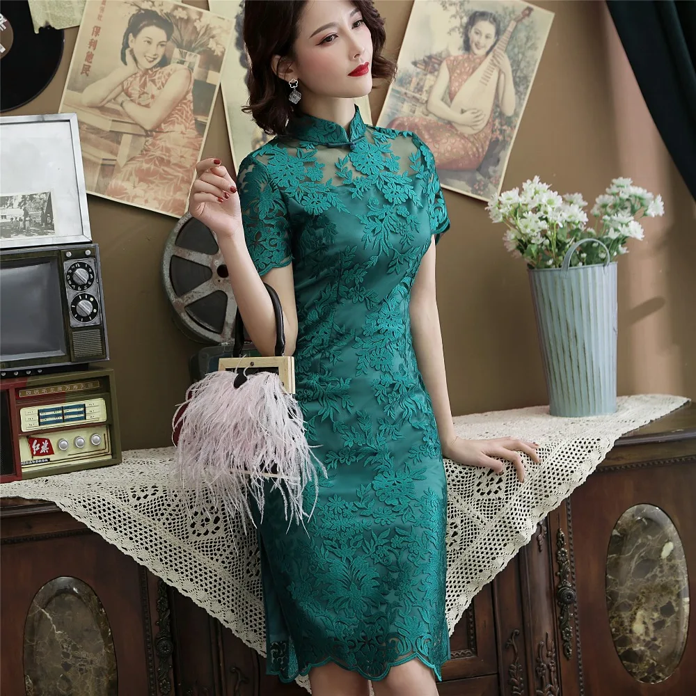 New Lace Chinese Traditional Style Cheongsam Elegant Women' s Handmade Button Dress Mandarin Collar Sexy Short Dress Size S-XXL