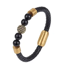 Нержавеющая сталь Кожа браслет из натурального камня браслет для мужчин Micro Pave CZ 10 мм диско шар талисманы браслеты для женщин мужчин ювелирные изделия